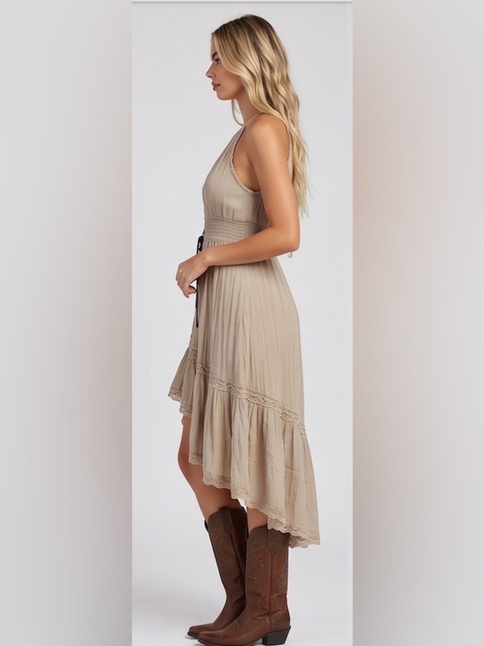 Boho Crinkle Gauze Halter Midi Dress - Lace-Up Corset High-Low Dress in Taupe - Picture 3 of 8